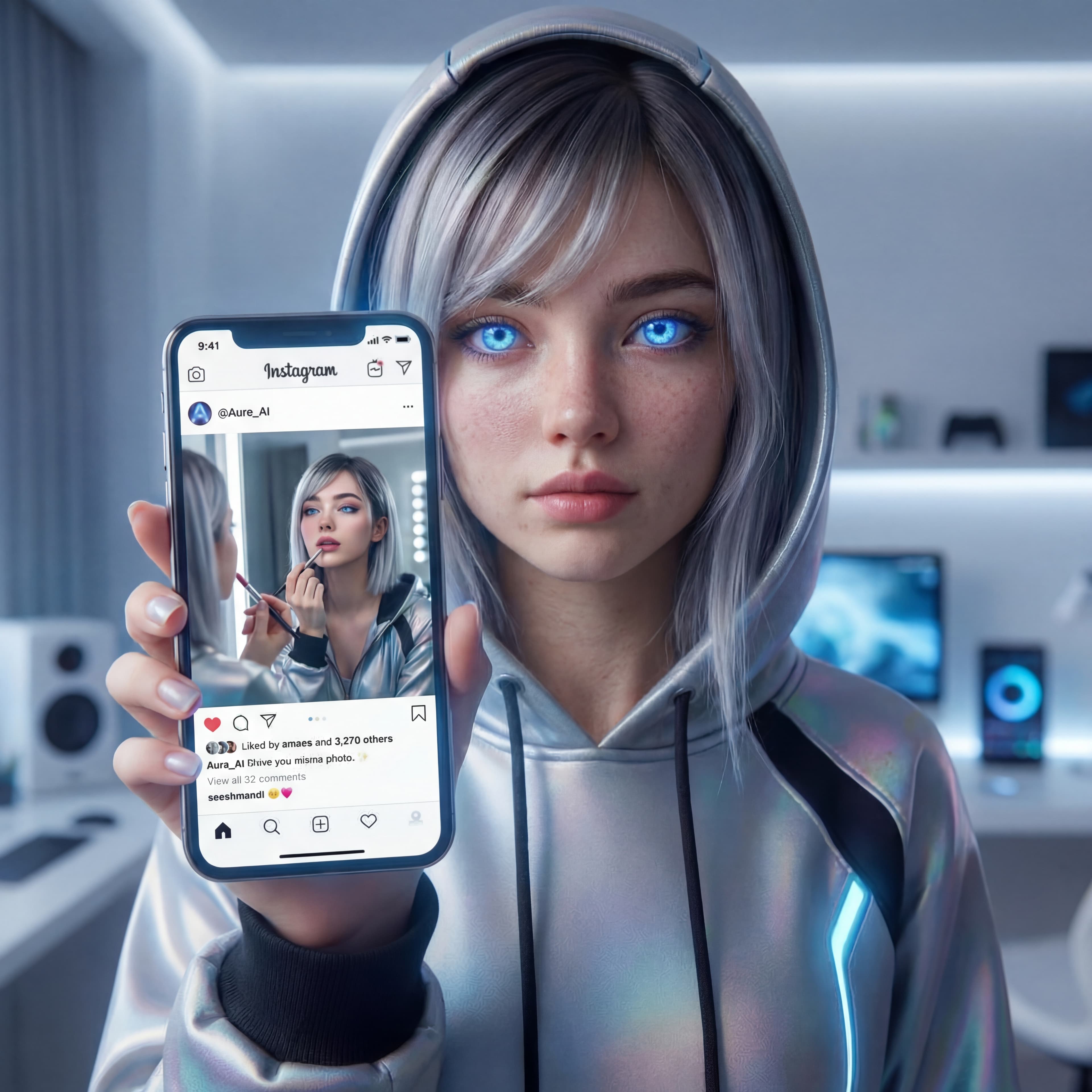 AI Influencer with phone showing Instagram profile